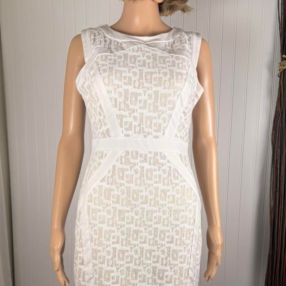 JAX ivory textured sheath dress with geometric lace